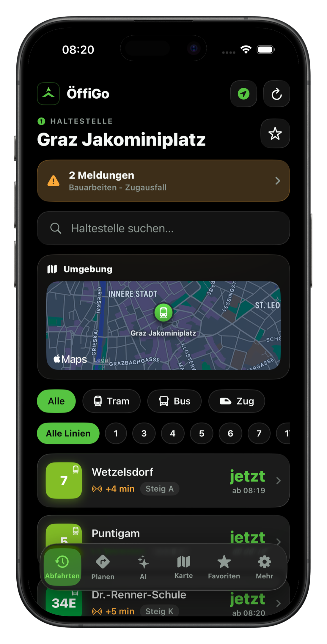 ÖffiGo Abfahrtstafel für Graz Jakominiplatz mit Echtzeit-Verspätungen, Störungsmeldung und Umgebungskarte