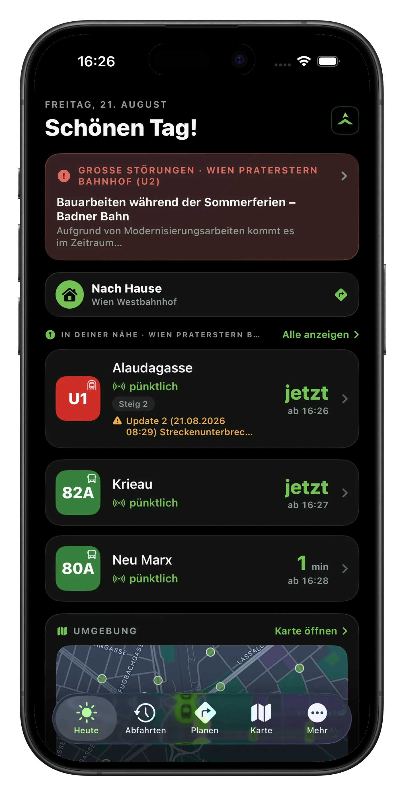 ÖffiGo Heute auf dem iPhone: Störungsmeldung, gespeicherte Verbindung und Abfahrten an der Haltestelle Wien Praterstern.